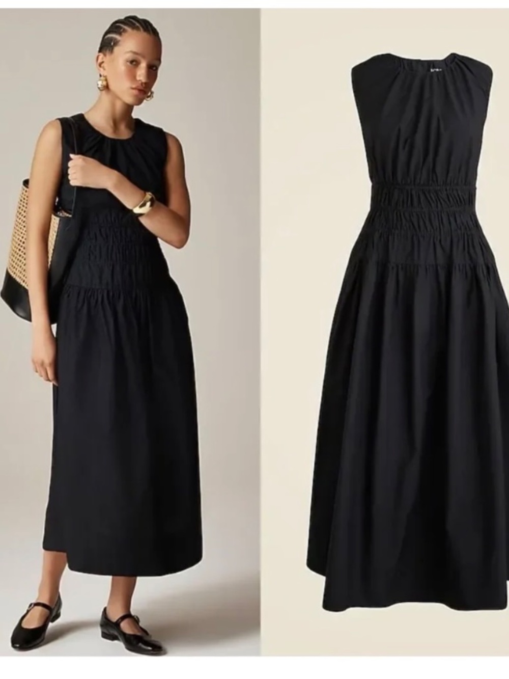 J.Crew Hyacinth Dress Black Cotton Poplin Smocked Midi Size Small - Picture 1 of 12